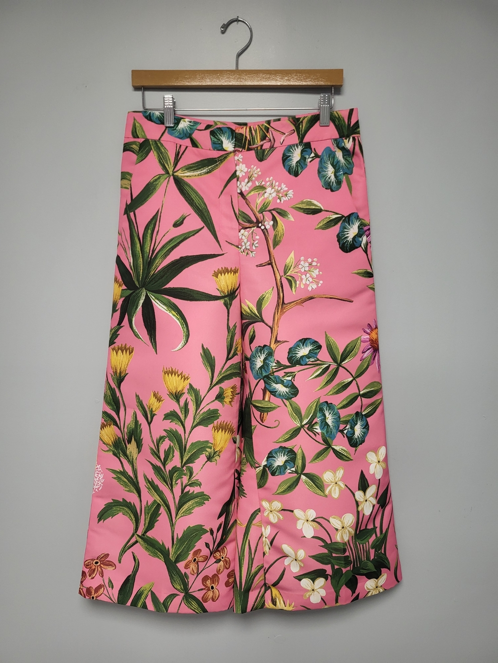 Oscar de la Renta Pink Tropical Print Crop Wide Leg Pant Trousers Size 10